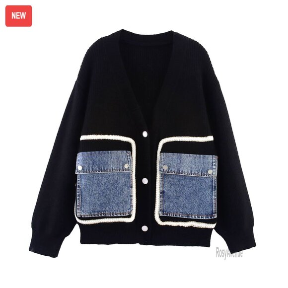 Oversized V-Neck Cardigan with Denim Patchwork Pockets, Button Down